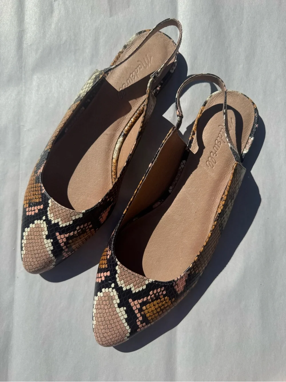 Madewell Snake-Print Slingback Flats in Black, Pink and Brown